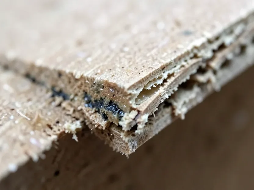 Close-up of a chipboard particleboard panel edge swollen and crumbling from water damage