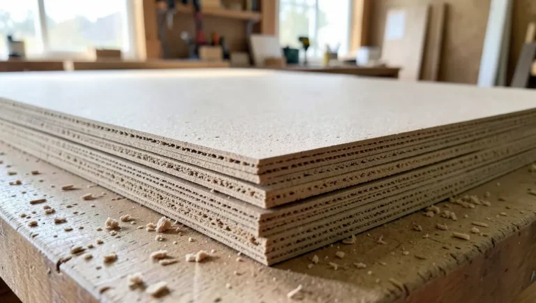 Stack of chipboard particleboard sheets showing pressed wood-chip texture