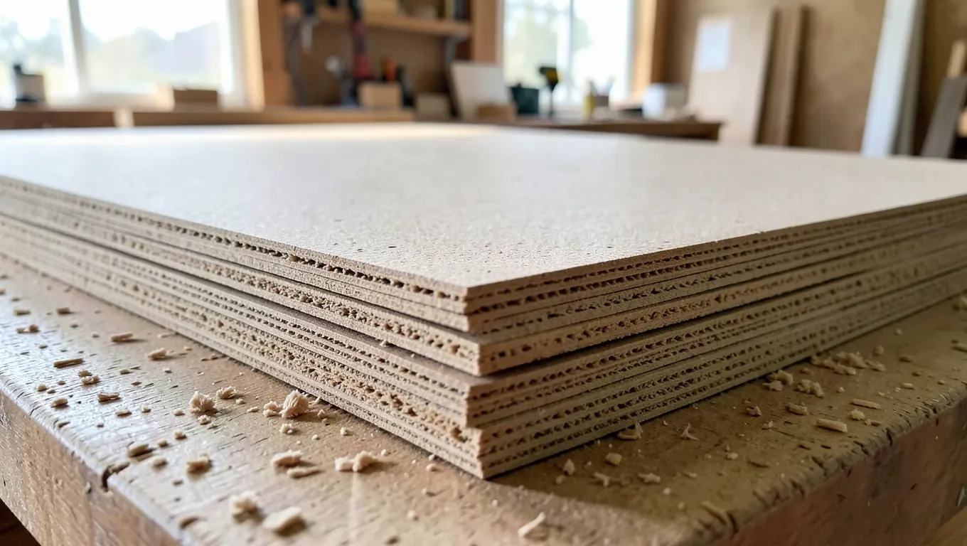 Stack of chipboard particleboard sheets showing pressed wood-chip texture