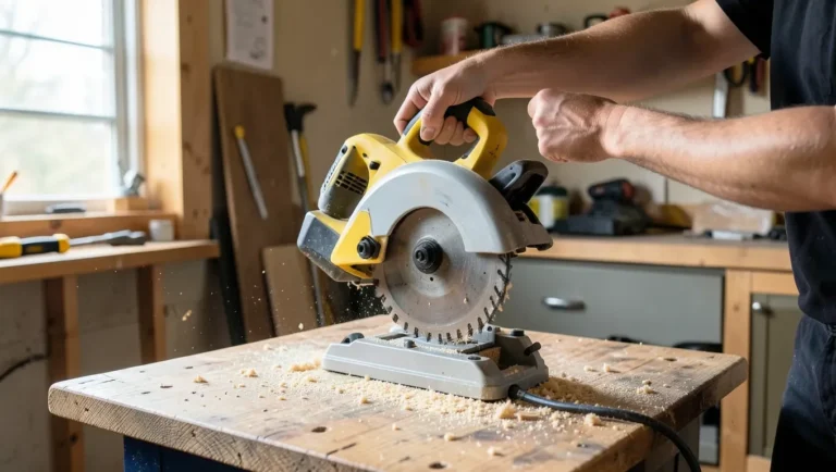 Person lifting the head of a compound miter saw after releasing the transport lock pin