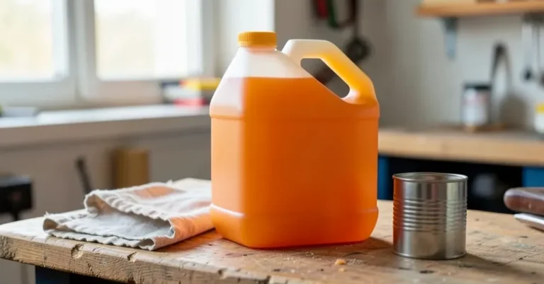gallon jug of citrus-based stripping gel on a wood workshop bench with a rag and metal can