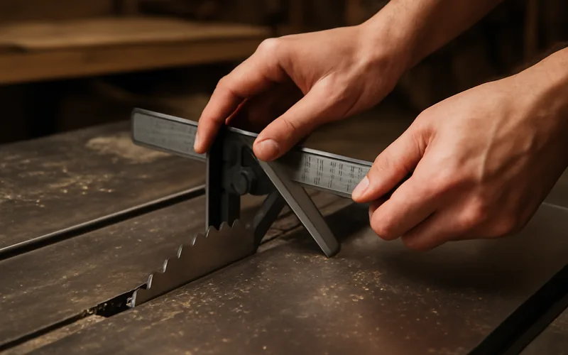 hands holding a combination square against the blade of a table saw to check for square hands holding a combination square against the blade of a table saw to check for square