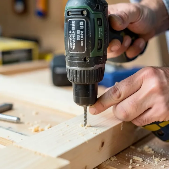 A cordless impact driver driving a screw into wood in a home workshop