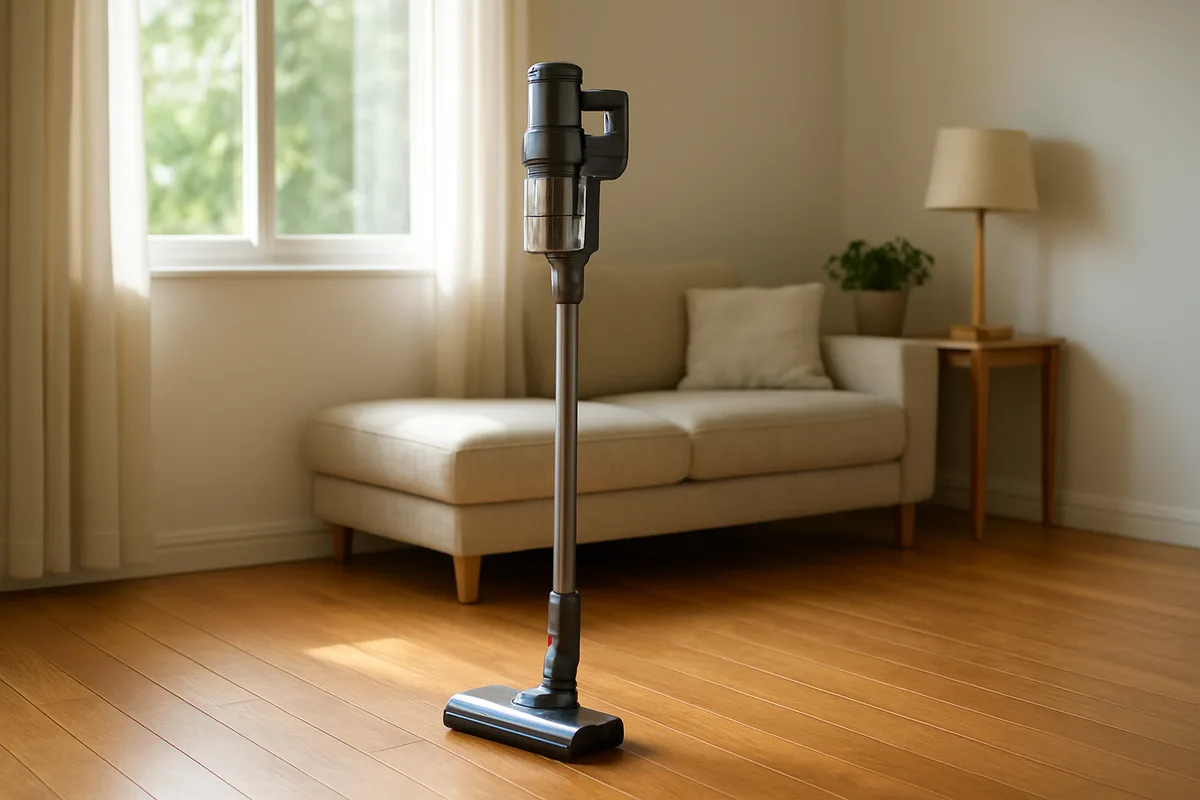 Cordless stick vacuum standing on a hardwood floor in a bright living room Cordless stick vacuum standing on a hardwood floor in a bright living room