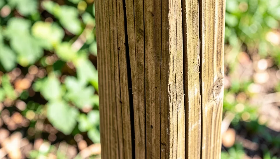 A vertical check running along the grain of a 6x6 wood post