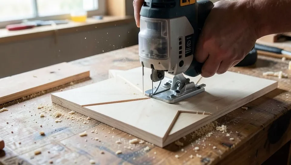 A jigsaw cutting an angled point on a wood strip