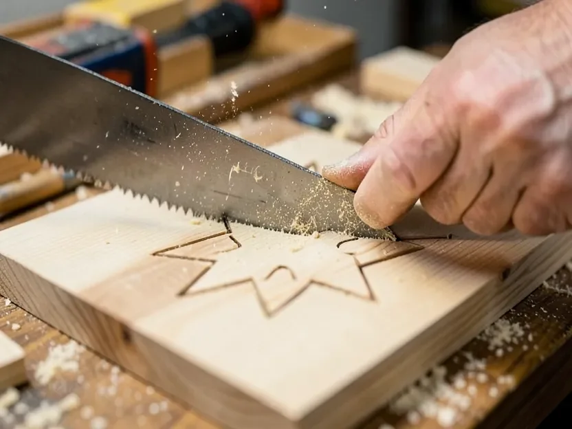 Cutting a five-pointed star shape out of wood with a jigsaw