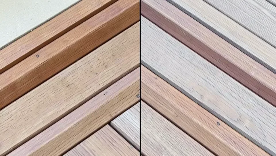 Deck boards mitered at a 45 degree corner in a picture frame border