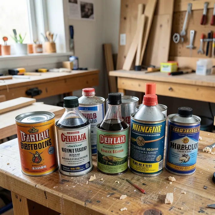 assorted solvent cans including denatured alcohol and mineral spirits arranged on a woodworking workshop bench