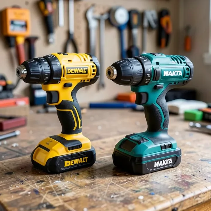 A DeWalt cordless drill and a Makita cordless drill side by side on a workbench for comparison