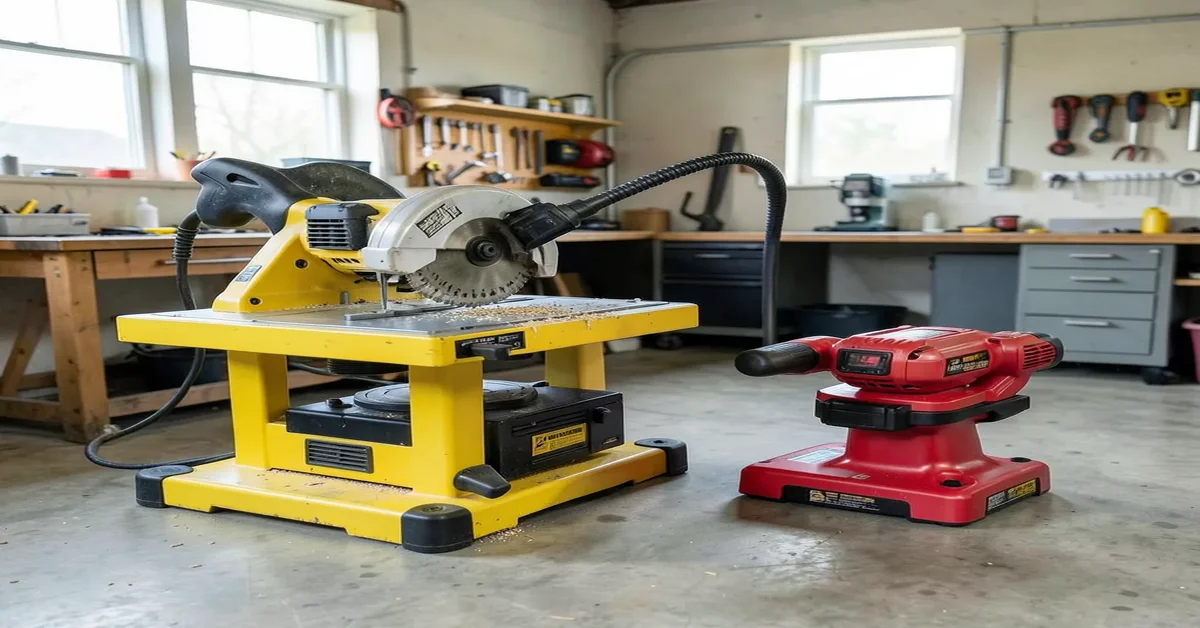 DeWalt corded table saw next to a Milwaukee cordless table saw for comparison