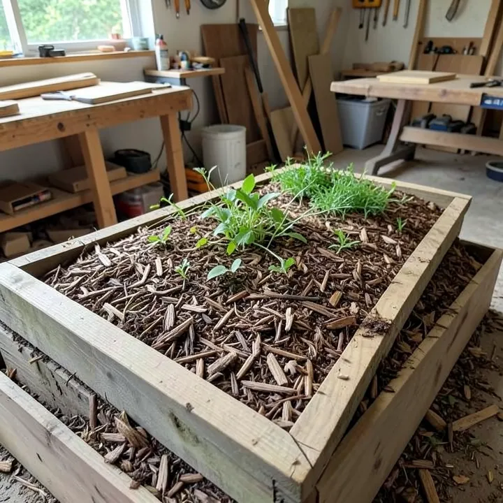 wood chip mulch spread over a garden bed to deter weeds and insects