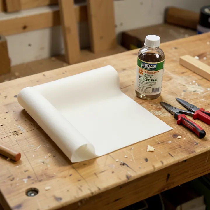 Roll of wax paper on a woodworking workbench used to protect surfaces from glue squeeze-out