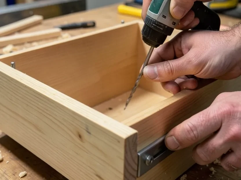 Drilling a pilot hole from inside a drawer box to attach a drawer front from behind