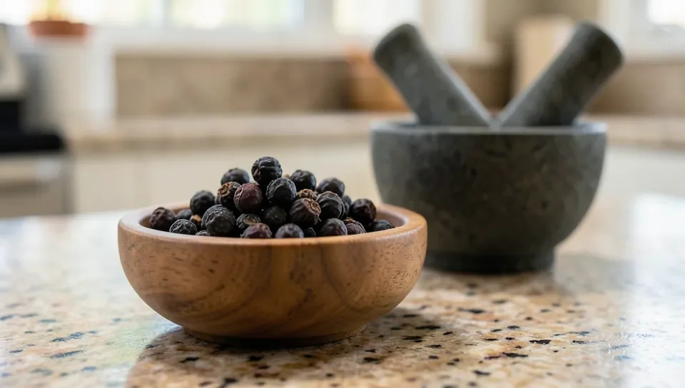 Dried juniper berries ready to be crushed for use as a spice