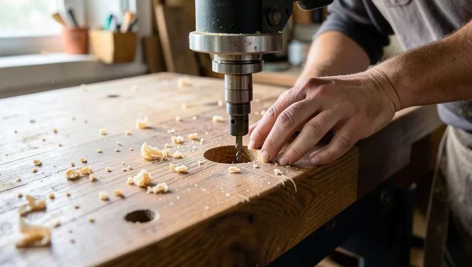 Woodworker drilling a round dog hole into a hardwood workbench top with a drill press