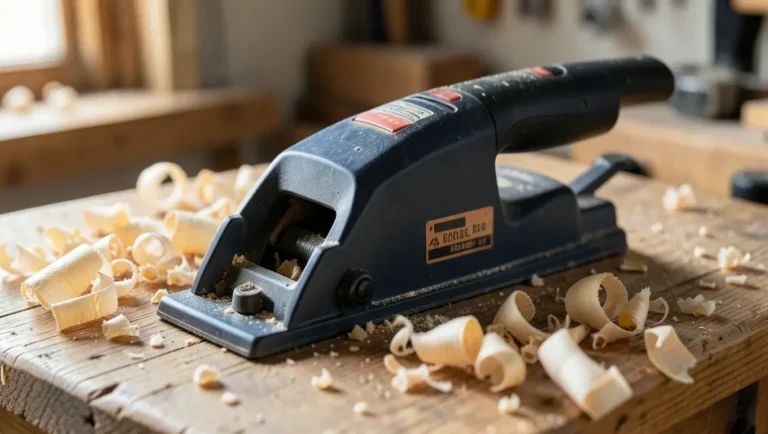 Electric hand planer resting on a wooden workbench surrounded by wood shavings