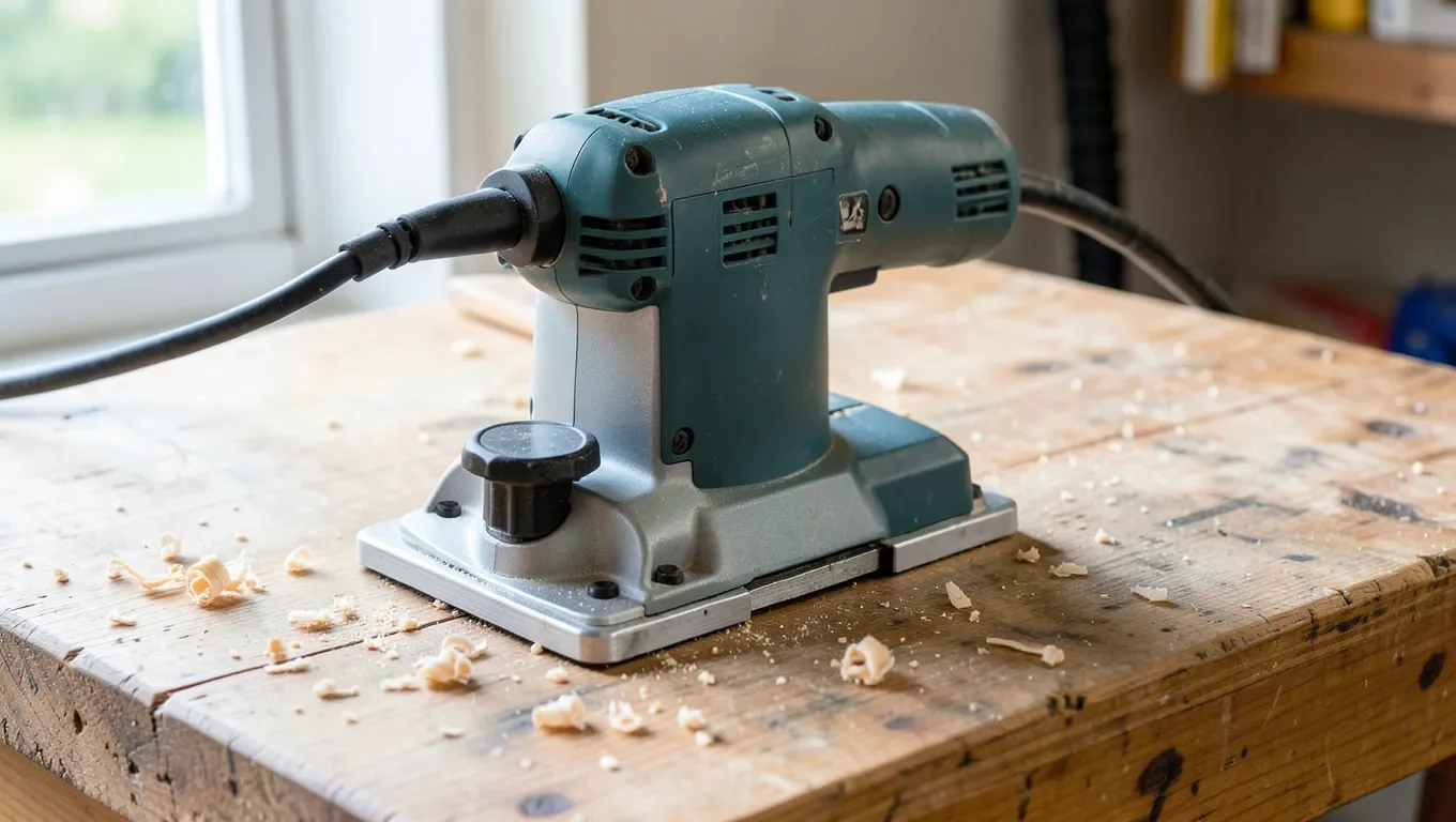 Corded electric hand power planer on a workbench