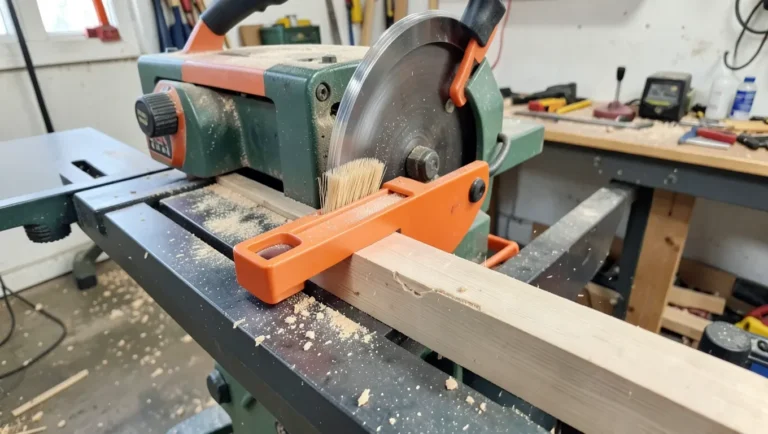 Featherboard mounted on a table saw fence guiding a rip cut