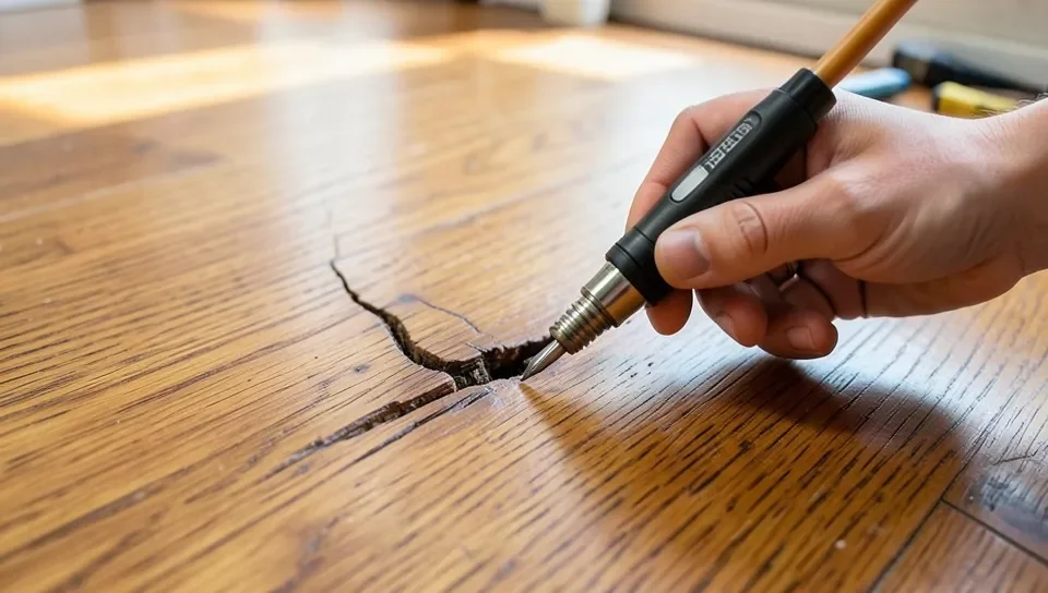 A heat pen melting wax filler into a deep hardwood floor scratch