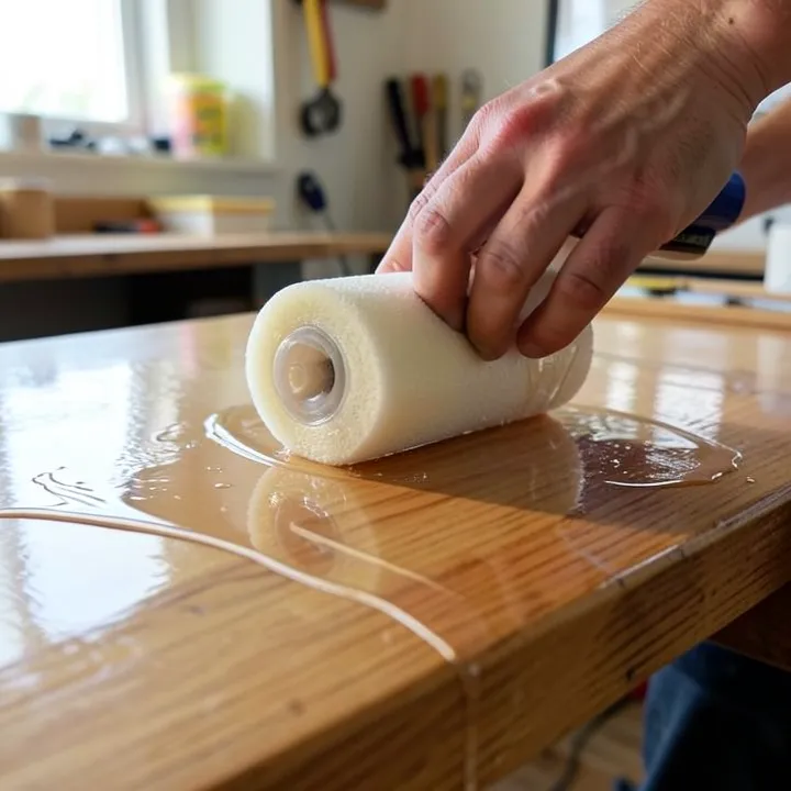 foam roller applying polyurethane to a wood tabletop with a wet, glossy edge