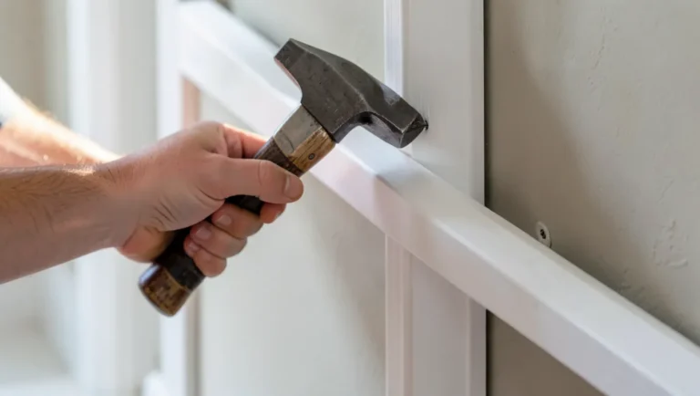 Hammering a finish nail by hand into wood trim during a no-nail-gun installation