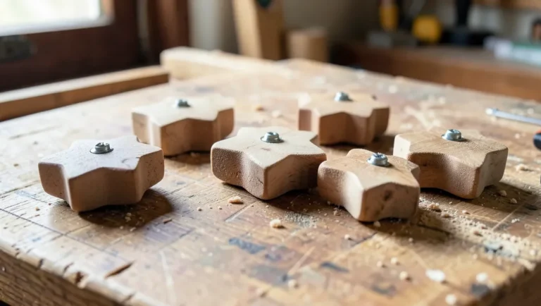 Handmade five-pointed wooden star knobs on a workbench