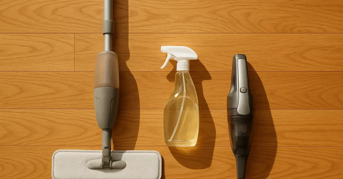 Spray mop, cleaning solution and handheld vacuum laid out on a hardwood floor representing the main hardwood floor cleaning methods