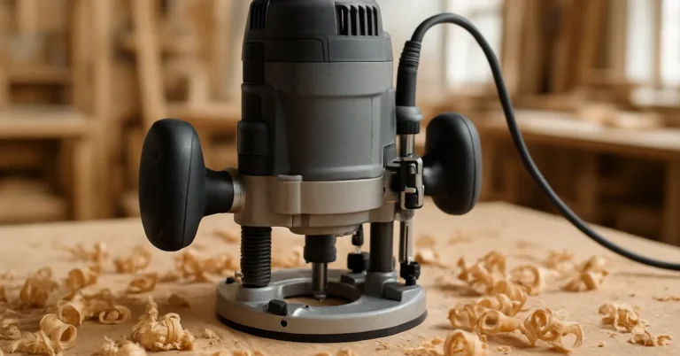 A heavy-duty plunge router on a workbench, illustrative image