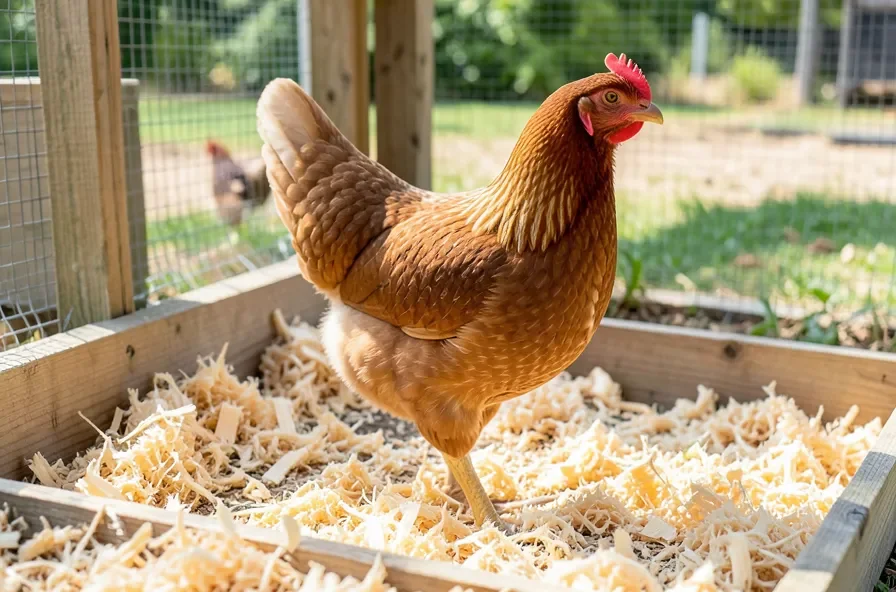 Backyard hen standing on clean pine shavings bedding in a coop nesting box