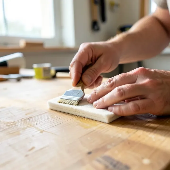 hands applying oil wood finish to a tabletop with an applicator pad