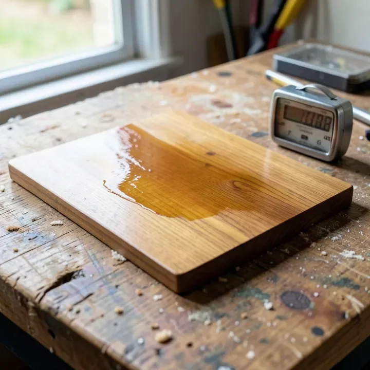 wood sample board with oil finish curing on a workbench