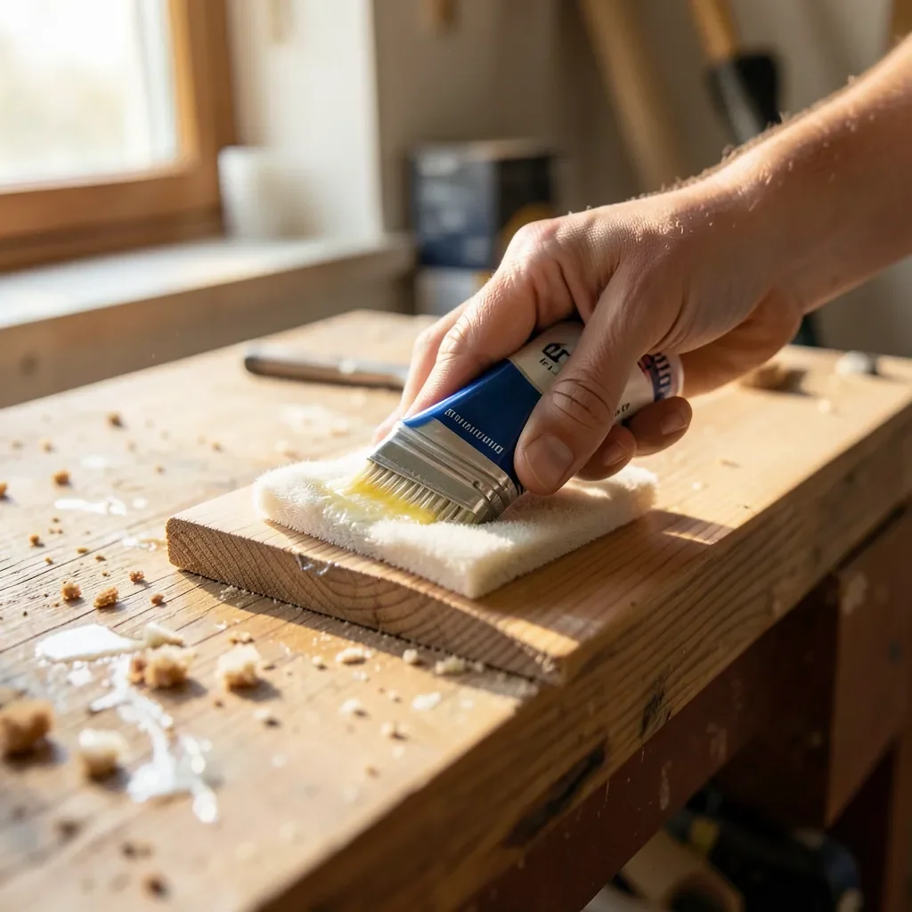 hand applying oil wood finish to a wood plank with an applicator pad
