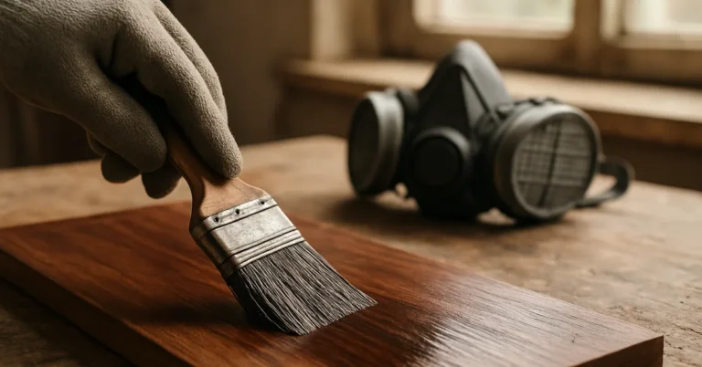 gloved hand brushing dark wood stain onto a board with a respirator mask nearby