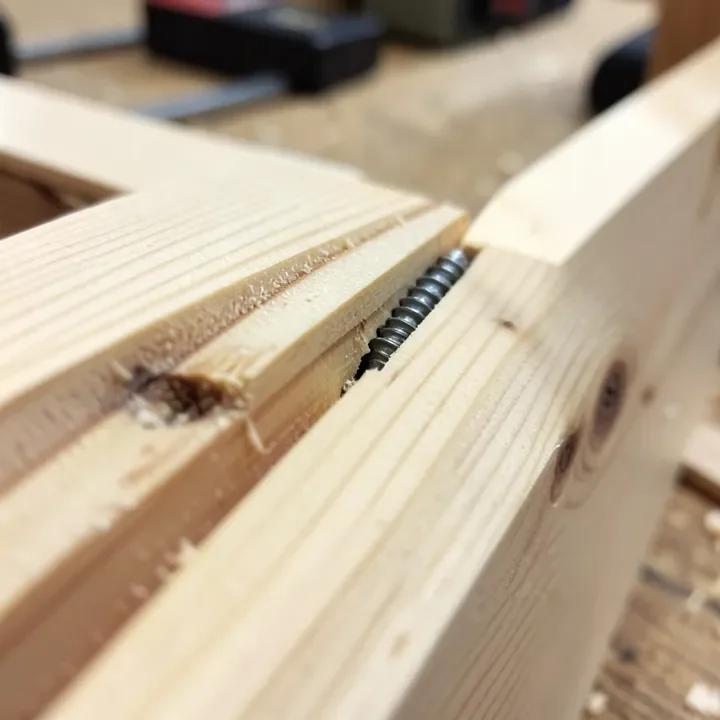 Close-up of an assembled pocket-screw joint showing the angled screw path