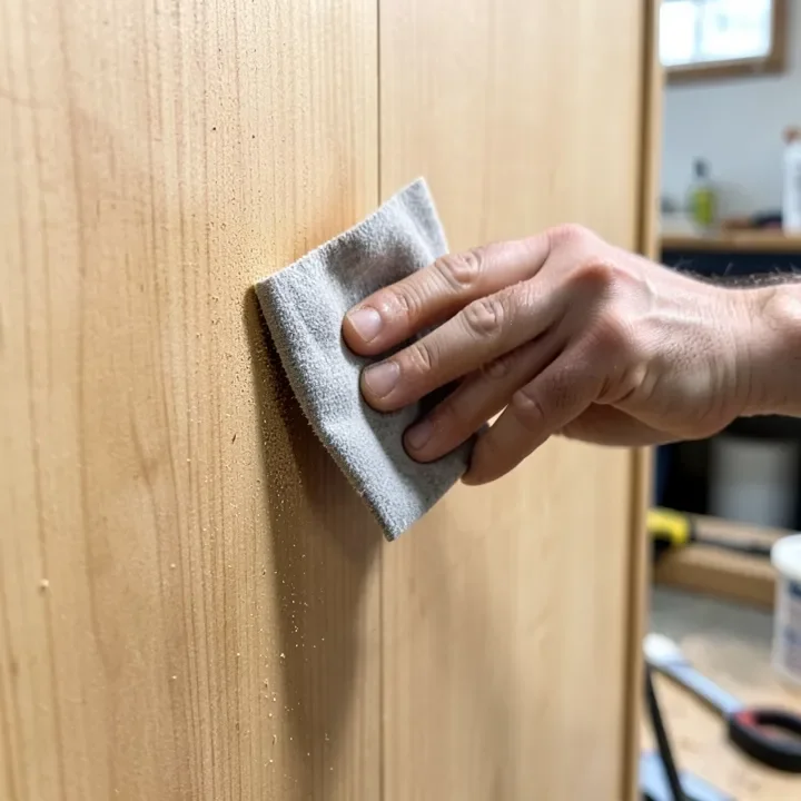 hand wiping a sanded cabinet door with a tack cloth