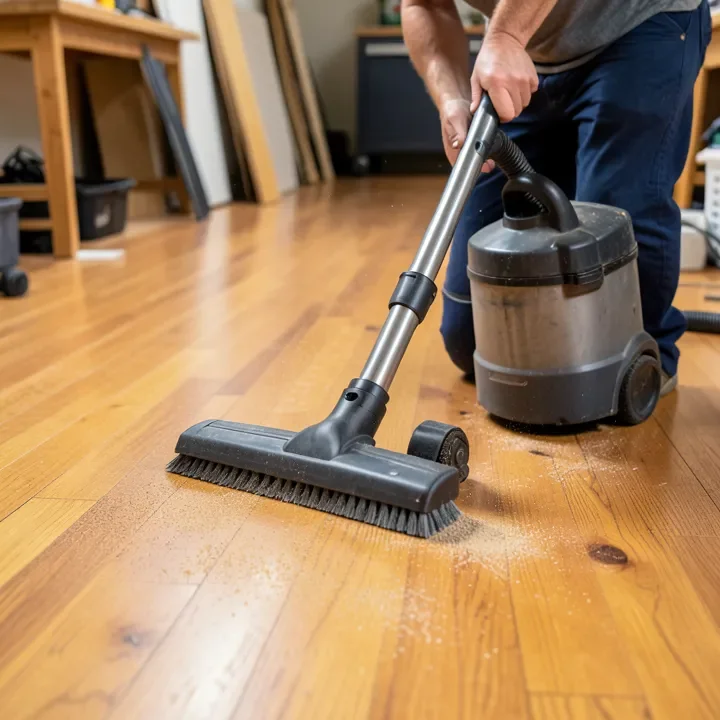 Vacuuming a freshly sanded hardwood floor with a shop vacuum and floor brush attachment