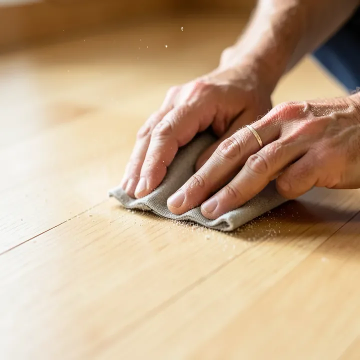 Wiping a bare sanded wood floor with a tack cloth to lift fine dust