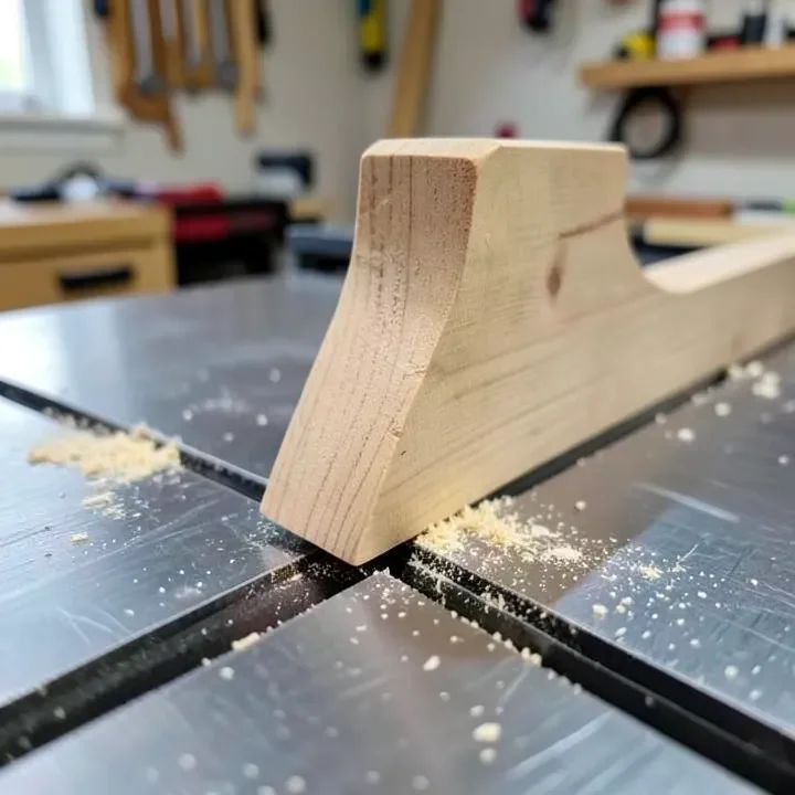 Wooden tapering jig holding an angled table leg blank against a table saw fence