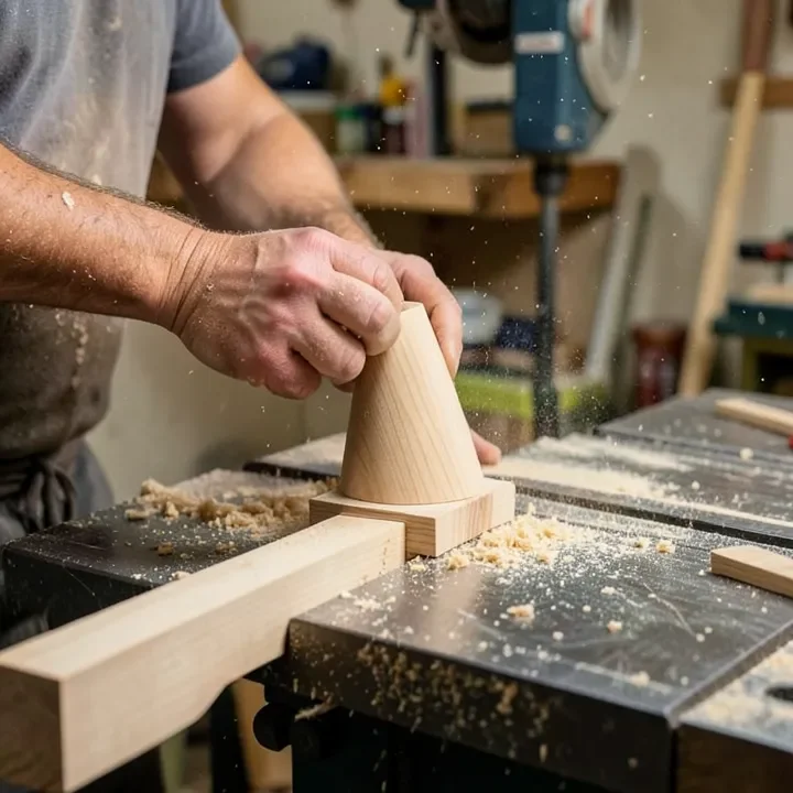 Woodworker's hands guiding a tapered table leg blank through a table saw with a push block