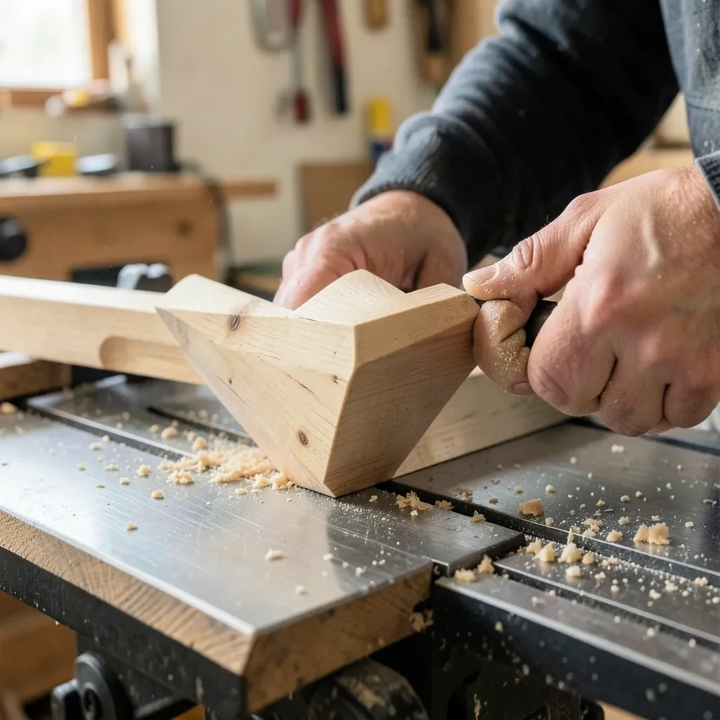 Woodworker using a tapering jig to cut an angled table leg on a table saw