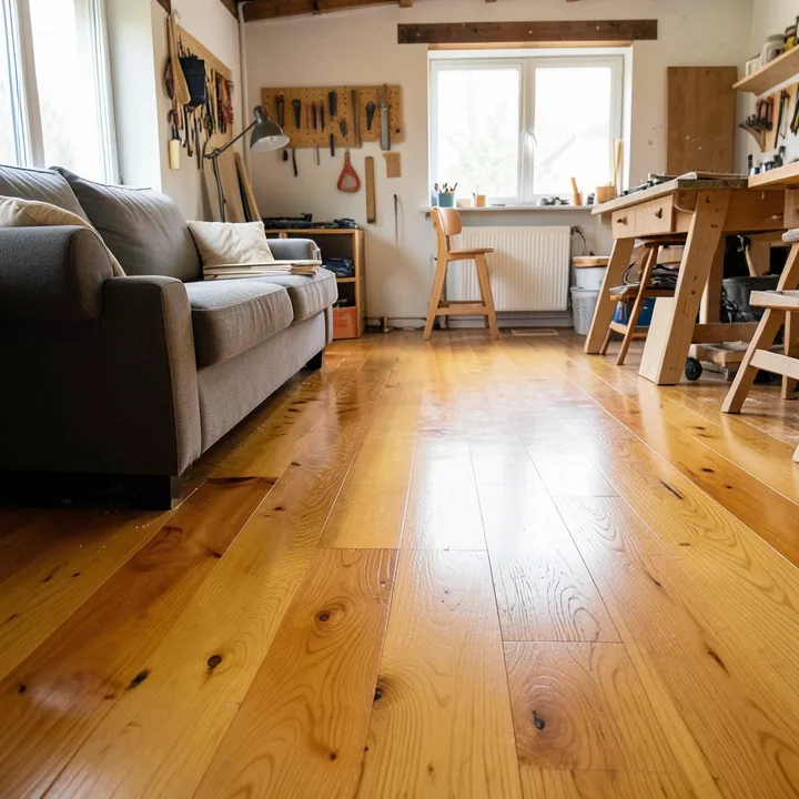 A plywood floor sanded and stained to a warm honey tone in a living room