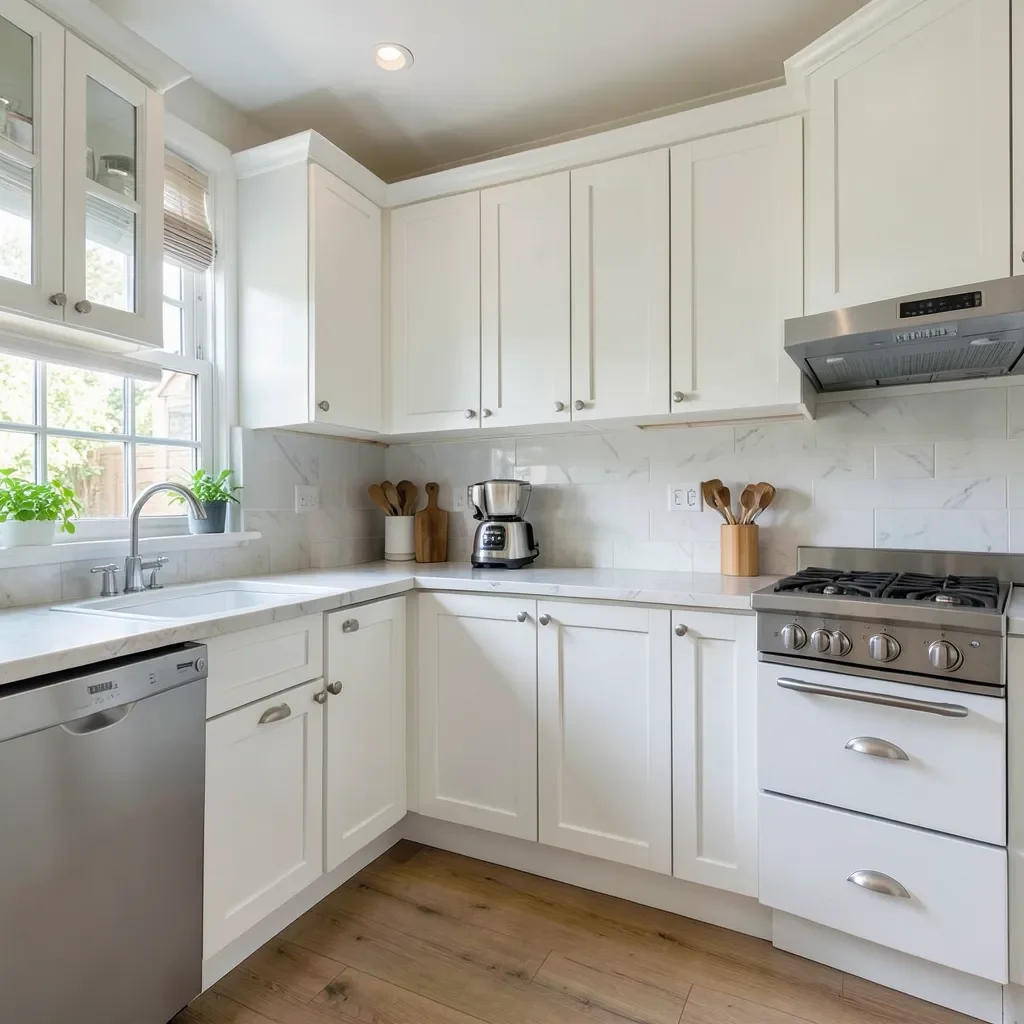 Kitchen with freshly painted white cabinets