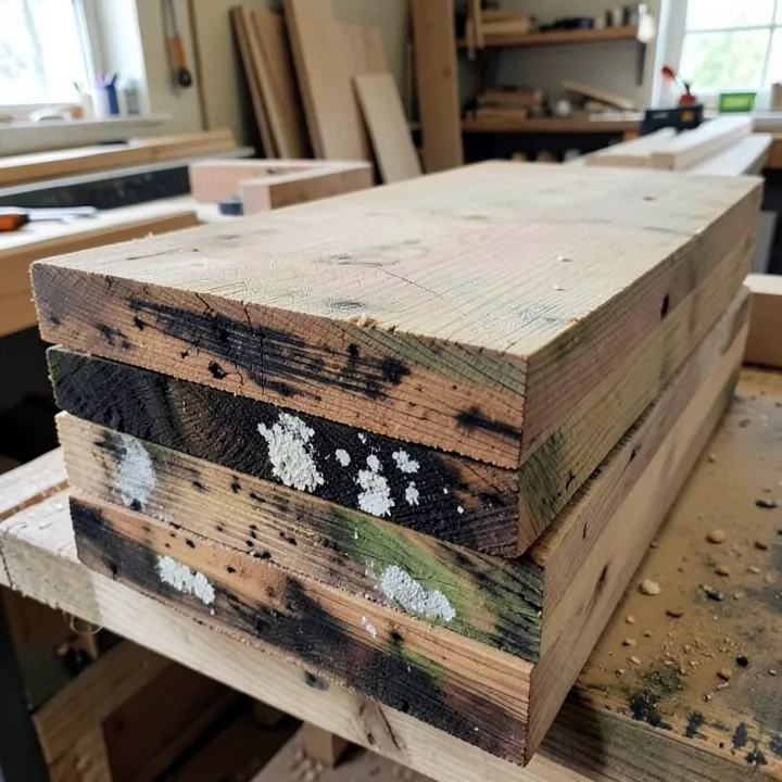 stack of pressure-treated wood planks with dark mold stains and white mildew patches stack of pressure-treated wood planks with dark mold stains and white mildew patches