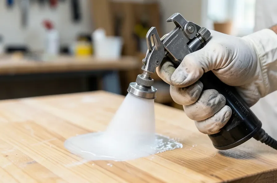Close-up of a gloved hand using an HVLP spray gun to apply an even coat of urethane to a wood tabletop