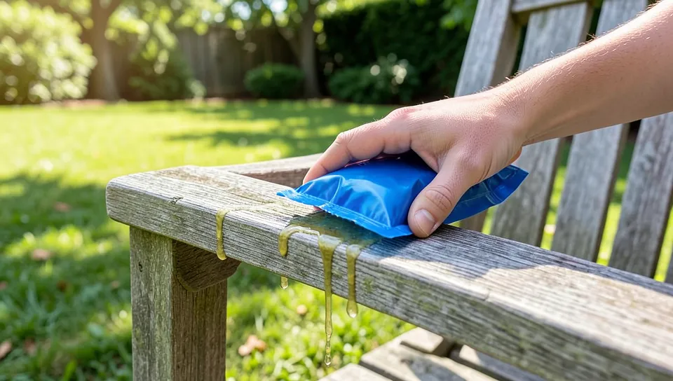 Hand using an ice pack to harden tree sap on an outdoor patio chair before scraping it off