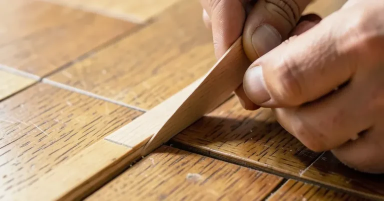 Sliding a wood spline strip into a hardwood floor groove to reverse installation direction