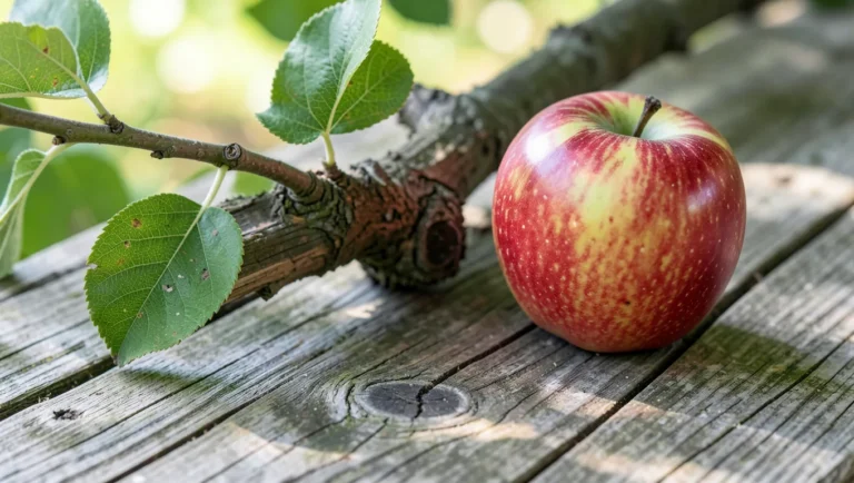 Cut apple tree branch showing wood grain next to a whole apple