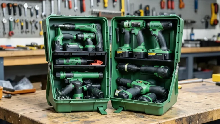 Premium power tools organized in stacking cases in a workshop