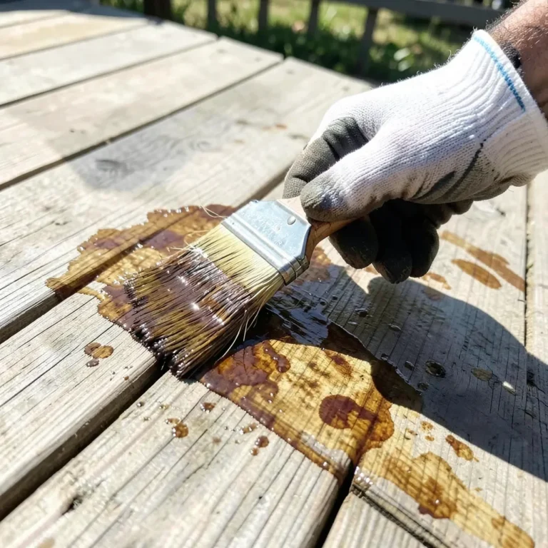 wood deck board with blotchy uneven stain from drying too fast in direct sunlight